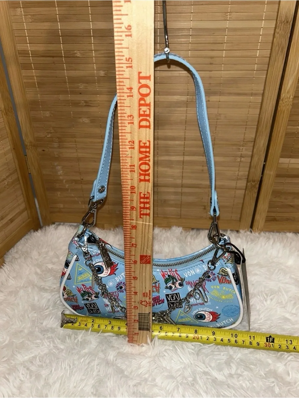 Von Dutch Blue Jax Shoulder Bag Y2K Eye Print Charm Chain Purse NWT Rare